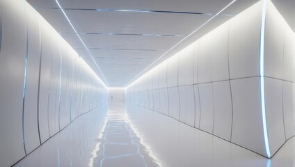 Futuristic White Corridor with Neon Lighting and Reflective Floor.