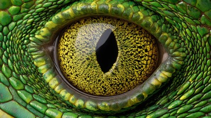 Reptile eye macro close up showing detailed green scales and yellow iris with a vertical pupil