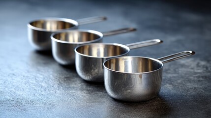 Silver measuring cups aligned on gray textured surface, shallow depth