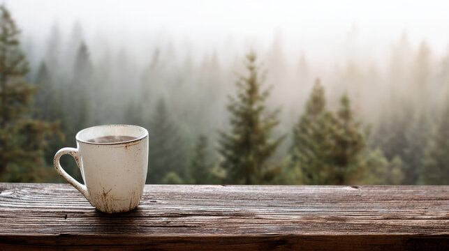 Steaming coffee mug on rustic wooden table with foggy forest view