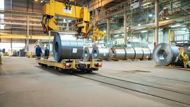 Medium shot of a steel coil being secured on a transport cart showcasing preparation and safety protocols before moving heavy industrial materials