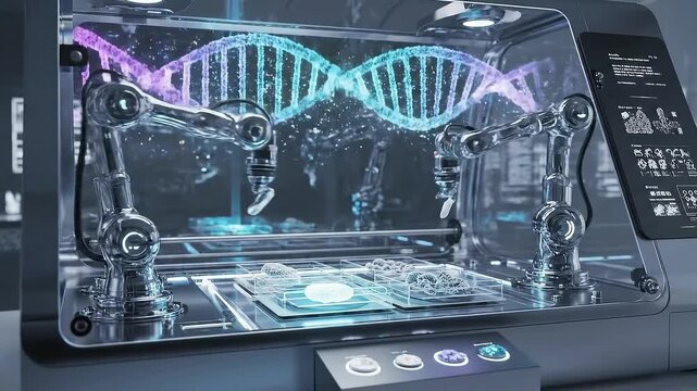 Robotic Arms Manipulating DNA Strand In Futuristic Lab For Scientific Research And Medical Advancement