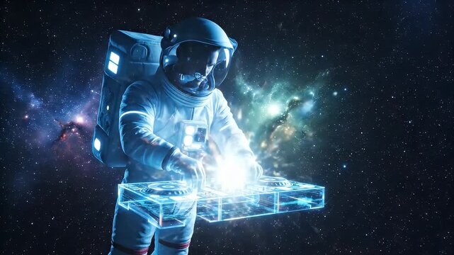 Astronaut Interacting with Glowing Futuristic Digital Interface in Deep Space, Exploring Cosmic Data and Technology in a Neon-Lit Universe