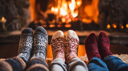 Cozy family gathering by the fireplace with colorful cozy socks in winter setting