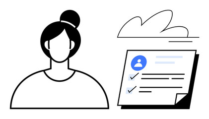 Female figure with top bun alongside a document featuring a checklist and user icon. Ideal for personal identification, user profile creation, task organization, HR processes, documentation