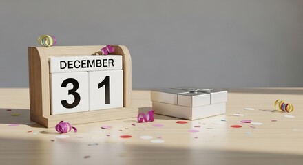 A festive wooden block calendar displays December 31st for a New Year's Eve celebration with confetti and a gift