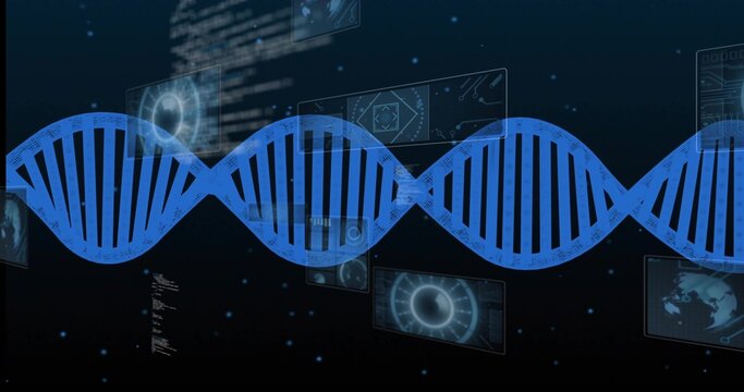 Stretching large blue DNA double helix spanning virtual research interface, showing HUD and radar - Powered by Adobe