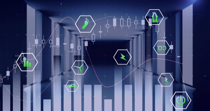 Displaying dashboard in modern corridor showing bars, candlesticks, pink line, green hex icons