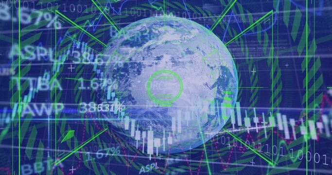 Rotating central Earth globe showing candlestick, volume bars and binary overlays on dark blue grid