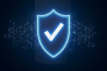 Digital shield glows blue, featuring checkmark and molecular structures, symbolizing cybersecurity protection in futuristic tech environment.
