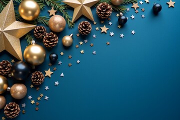 Christmas ornaments, pine branches, gold stars on deep blue background. Festive holiday decor flat lay composition.