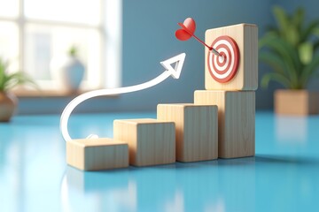 Red dart hits bullseye on wooden steps, symbolizing success. Minimalist room, light blue walls, clean design concept.
