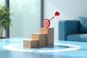 Red dart hits bullseye on wooden steps, symbolizing success. Minimalist room, light blue walls, clean design concept.