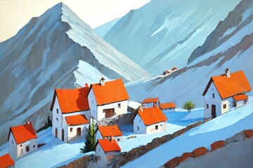 A cozy alpine village nestled among lush green hills, with charming stone cottages featuring warm orange windows and wooden balconies glowing softly in the twilight. The scene exudes tranquility and r