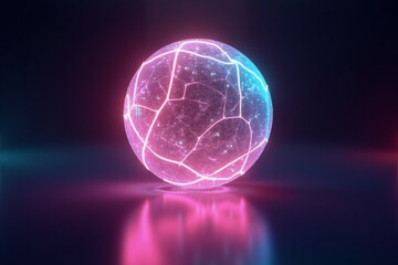 Neon pink sphere glows with teal circuit patterns, casting vibrant reflections on dark surface in futuristic digital space.