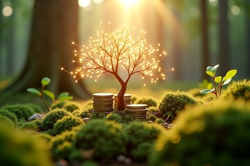 Golden tree grows from coins in lush forest, symbolizing wealth growth under sunlight. Dreamy, nature-inspired finance concept.
