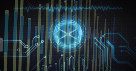 Glowing central circular HUD rotating inside cyber dashboard, showing bar chart and traces
