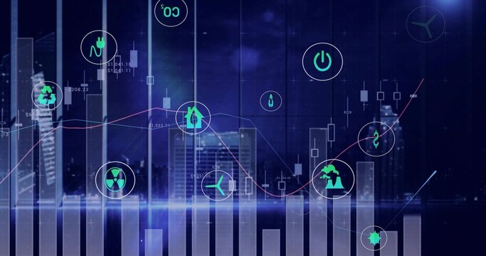 Displaying finance-energy HUD over night skyline, showing candlesticks, red-blue trends, neon-icons