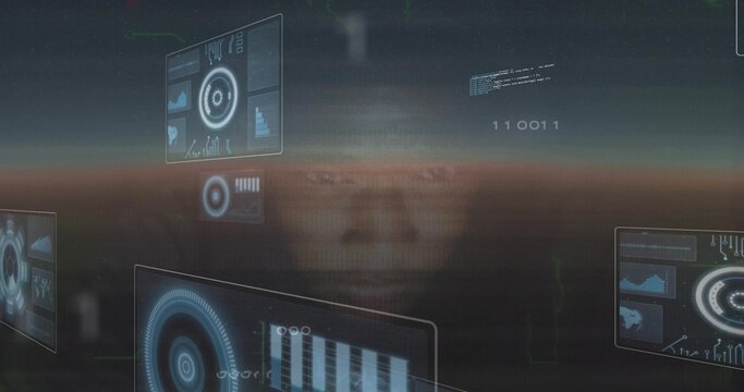 Floating translucent face blending into virtual horizon at dusk, showing HUD panels and binary code