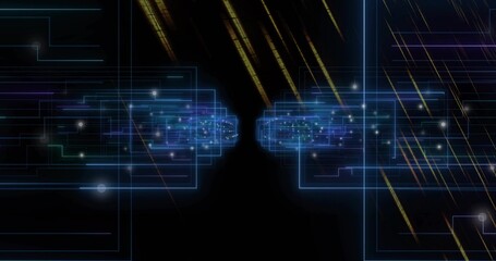 Pulsing two mirrored data clusters forming neon blue frames in virtual space, with golden streaks