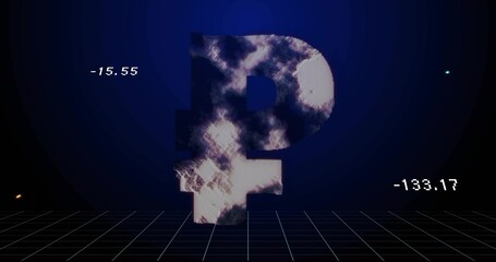 Floating large 3D ruble symbol hovering above synthwave wireframe grid, showing -15