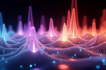 Neon waves glow in purple, blue, and orange hues against dark background, sparkling particles dance on undulating digital terrain.