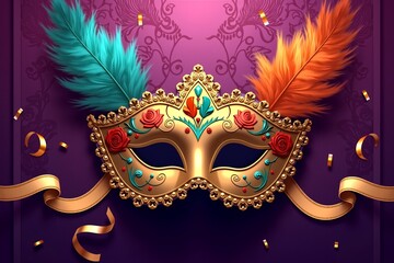 Elegant masquerade mask adorned with feathers and gold ribbons, festive confetti on rich purple background.