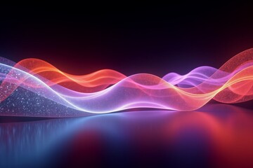 Neon waves of pink, blue and orange flow gracefully against dark backdrop, glowing softly on reflective surface.