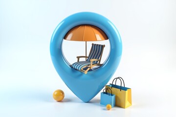Beach chair under orange umbrella inside map pin, beside shopping bag and balls on clean white background.