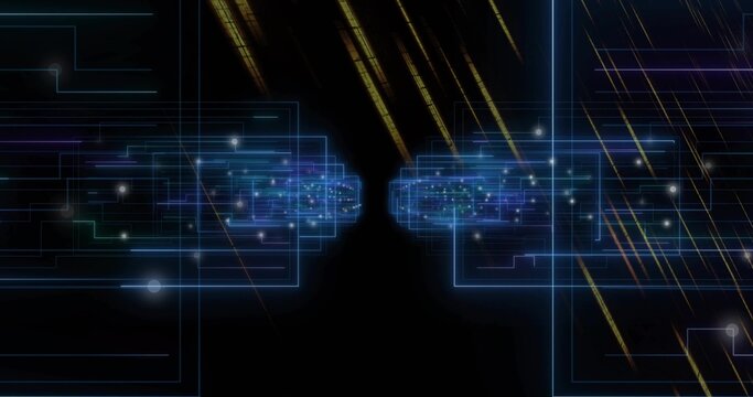 Pulsing two mirrored data clusters forming neon blue frames in virtual space, with golden streaks