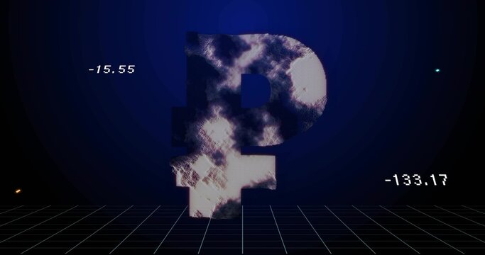 Floating large 3D ruble symbol hovering above synthwave wireframe grid, showing -15