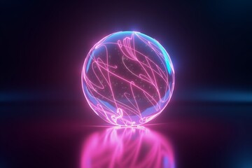 Neon pink sphere glows with teal circuit patterns, casting vibrant reflections on dark surface in futuristic digital space.
