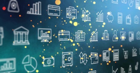 Displaying centered white financial icons floating on teal-to-blue gradient, with credit card coins