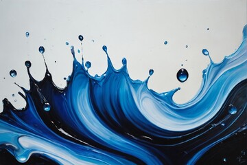 A dynamic splash of deep blue and black paint against a stark white background, capturing the motion and energy of liquid in mid-air with vivid texture and contrast.