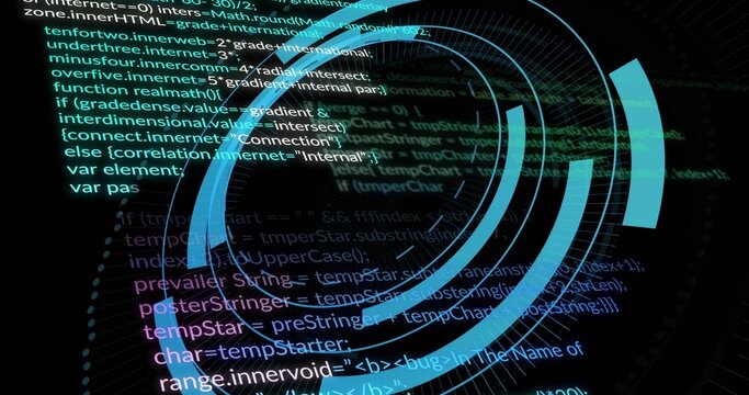 Displaying concentric cyan or teal HUD rings and arc segments rotating on digital interface, with co