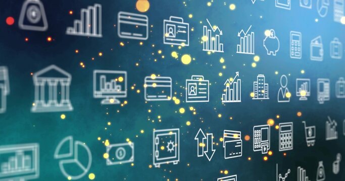 Displaying centered white financial icons floating on teal-to-blue gradient, with credit card coins