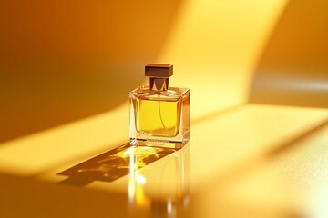 Golden perfume bottle bathed in warm sunlight, minimalist setting, elegant glow, serene luxury aesthetic.
