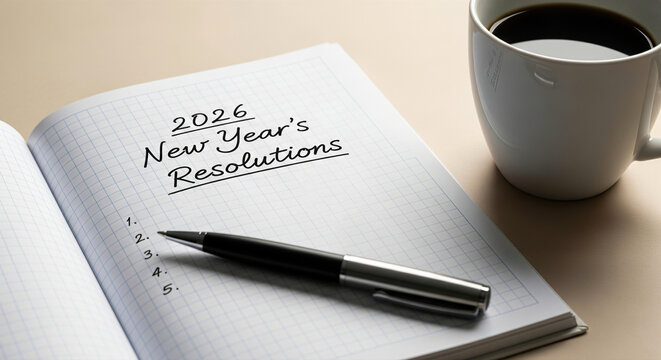 Notebook open to 2026 New Year's resolutions list with coffee. A conceptual still life about planning and motivation. New beginnings, personal goals, fresh start.