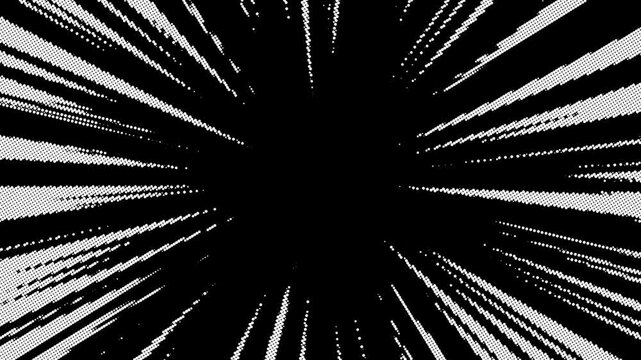 Abstract animation of radial lines in black and white cartoon comic speed with dotted texture