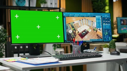 Isolated chroma key screen next to CAD software on multiple monitors, space used for interior design and floor plan planning via architectural program with 3D remodeling. Creativity.
