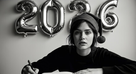 A young woman is writing in a notebook with 2026 balloons in the background. A grayscale shot, conveying focus and determination. . Goal setting, new year planning, academic achievement.