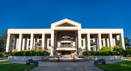 The front facade of the Supreme Court of Nevada in Carson City. The symmetrical architecture is lit...