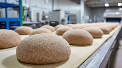 Freshly shaped dough balls sitting on a conveyor belt in a modern bakery near production equipment