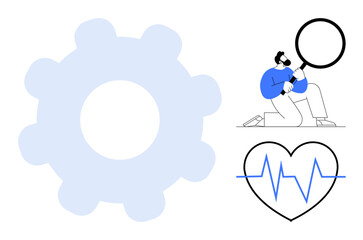 Person examining data with magnifying glass, cogwheel symbolizing process, heartbeat representing health. Ideal for health analysis, diagnostics, innovation, data research, process improvement