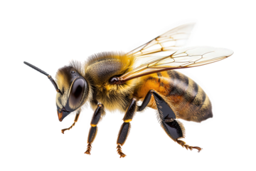Closeup of a honeybee isolated on transparent background, showcasing its intricate details, including its wings, legs, and antennae, set against a clean backdrop