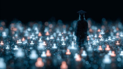 The next frontier: education's digital transformation. Online network map. Envisioning education: graduations meets futuristic digital landscapes. Social media interaction.