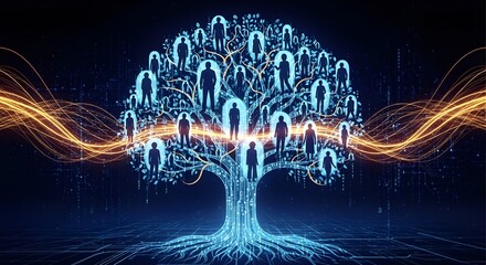 A digital tree symbolizes networking and connections, with silhouetted figures as leaves and bright strands representing data flow against a dark, circuit-patterned background, 