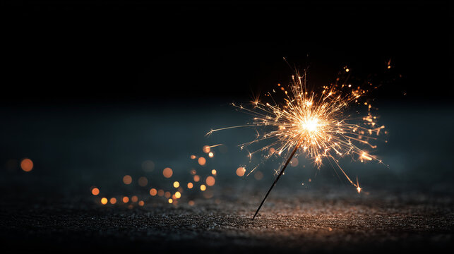 Sparkler with Glowing Sparks Against Dark Background