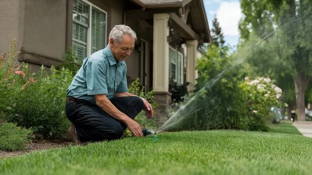 Medium shot of a homeowner adjusting an appbased irrigation schedule demonstrating convenient and efficient water use for a residential lawn.