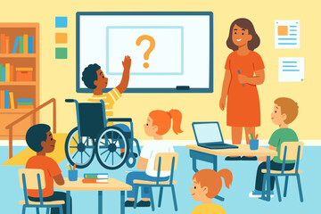 Inclusive Classroom with Wheelchair Student Actively Participating in Lesson
